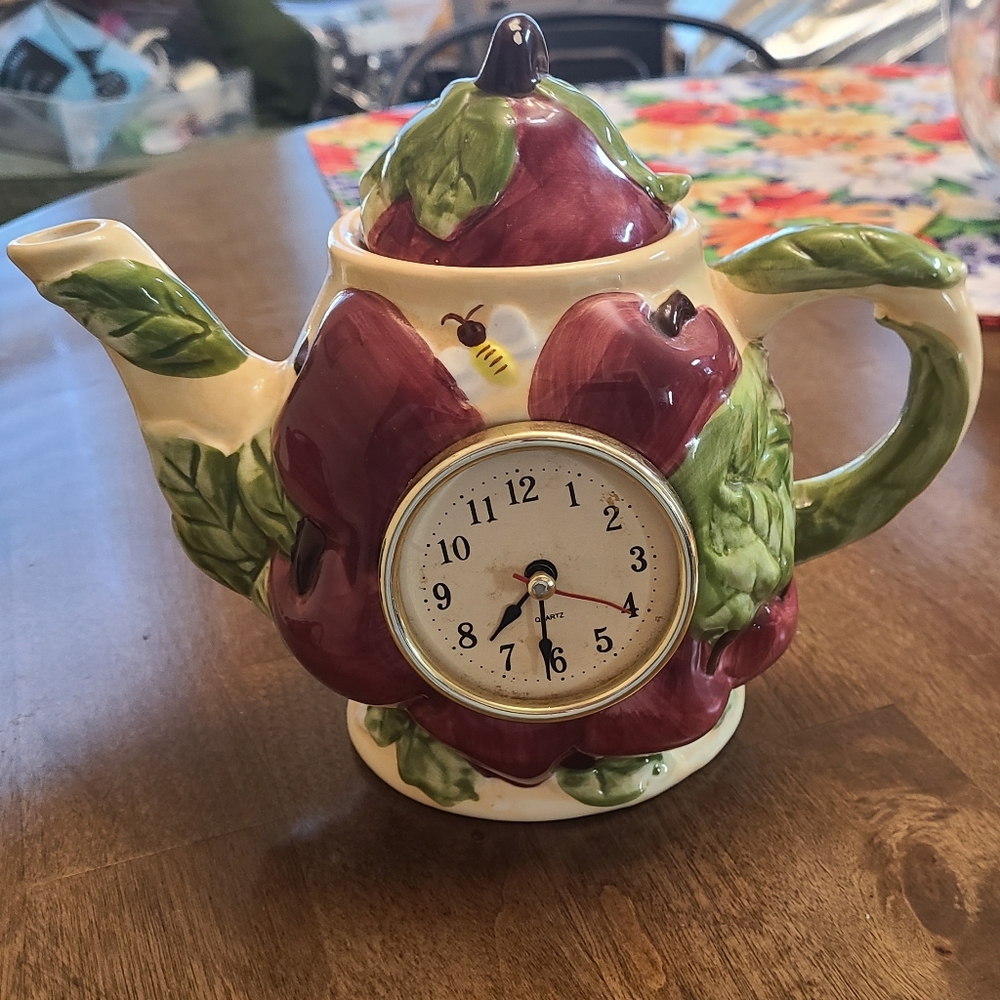 Whimsical Ceramic Teapot Clock with Burgundy and Green Leaves